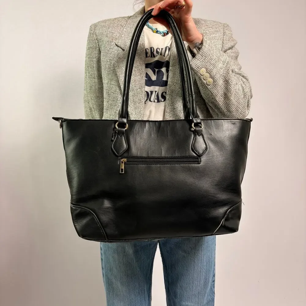 Black Quilted Logo Vegan Leather Tote - Spacious